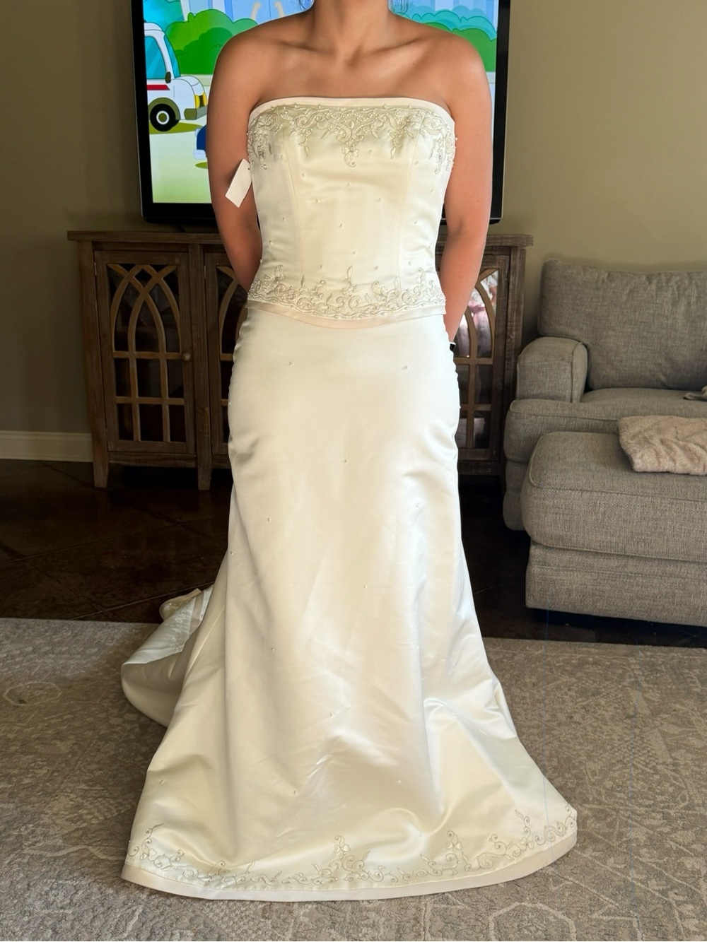 Strapless Ivory Beaded Satin Wedding Dress
